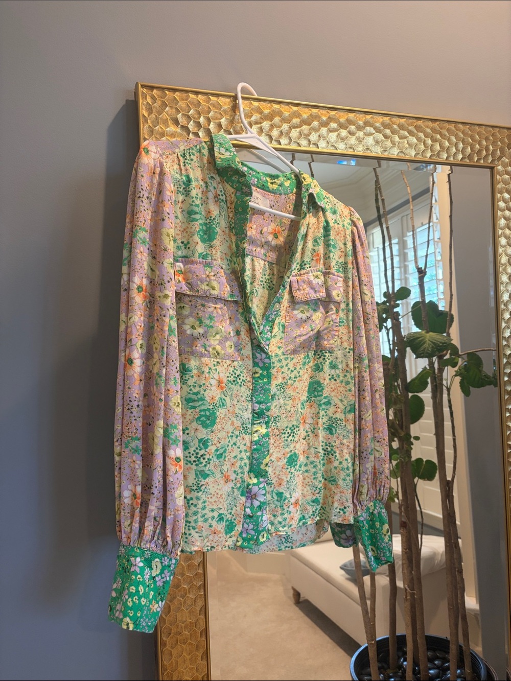 Ann Taylor Floral Patchwork Button-Down Blouse in Green and Lavender